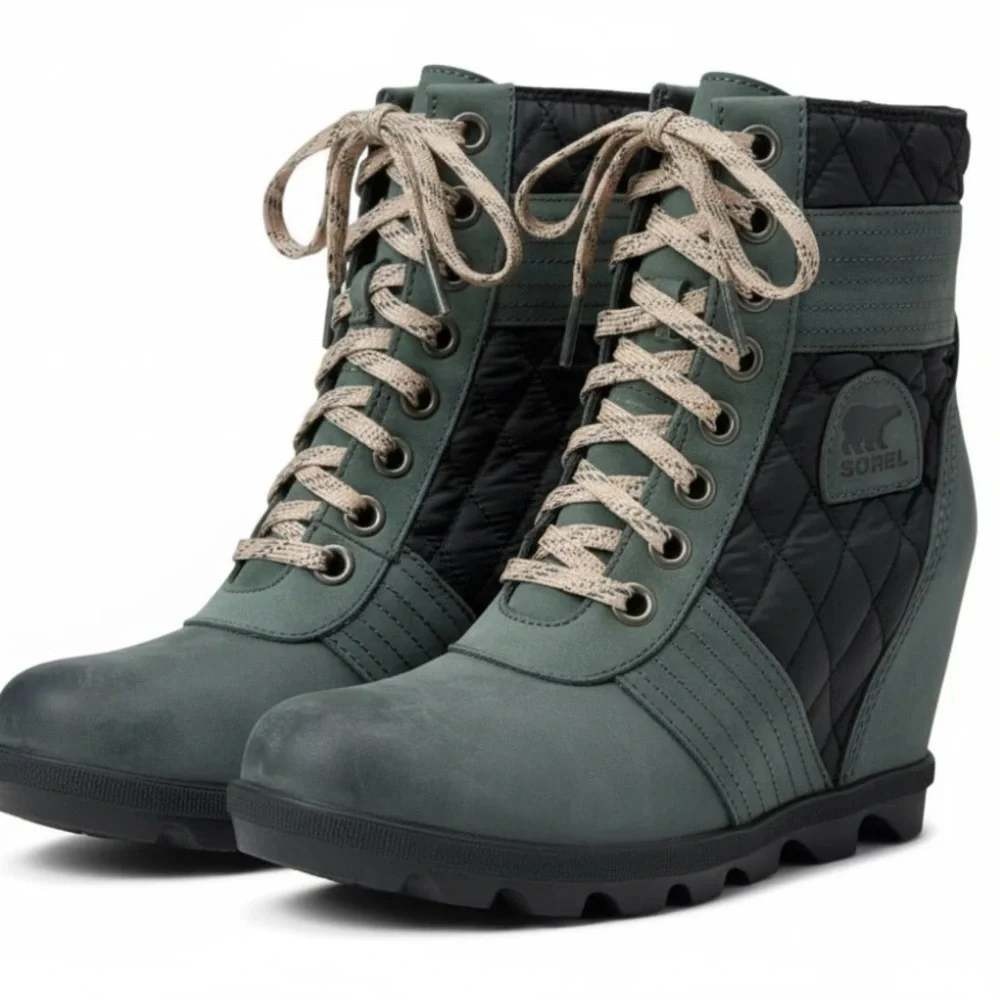 Sorel Lexie Wedge Boots Women 7 Green Quilted Leather  Ankle Waterproof Gorpcore